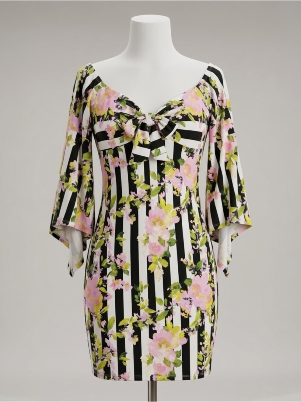 Venus Floral Stripe Tie Front Flutter Sleeve Party Dress Size Large